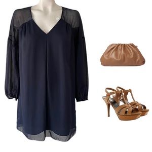 MASSIMO DUTTI NAVY BLUE V-NECK CHIFFON STRAIGHT SHIFT DRESS SZ S $169